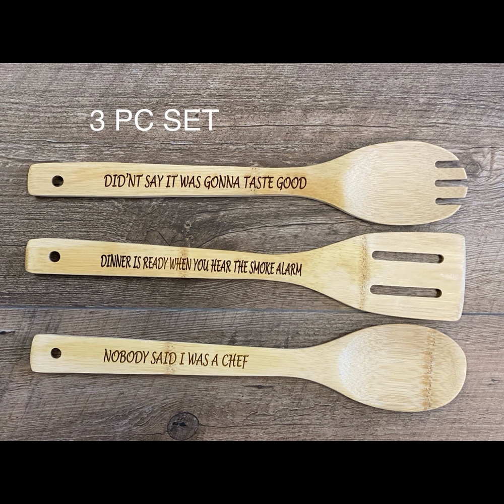 3 pc laser engraved bamboo utensils